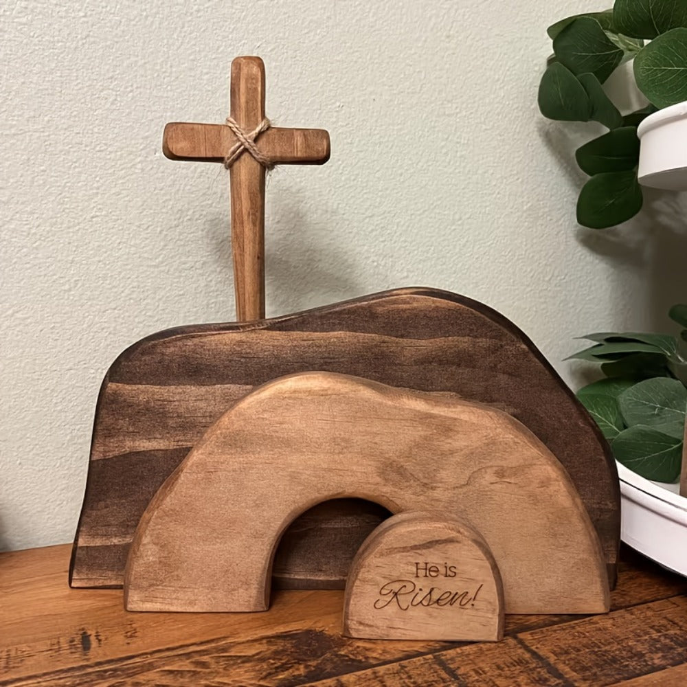 Easter Cross Decoration Wood He Is Risen Wooden Tomb Easter Resurrection Scene for Tray, Tabletop & Shelf ¨C Religious Nativity Decor for Home & Office