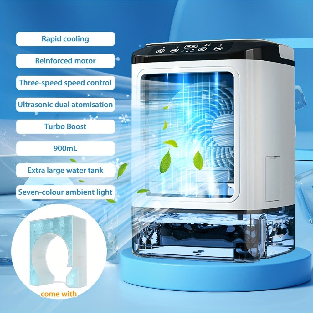 Portable Air Cooler Fan USB Humidifier with Rainbow Ambient Light, 3-Speed Atomization Misting Fan with Large Ice Box and Low Noise, Personal Desktop Cooling Fan Gift for Home, Office and Bedroom