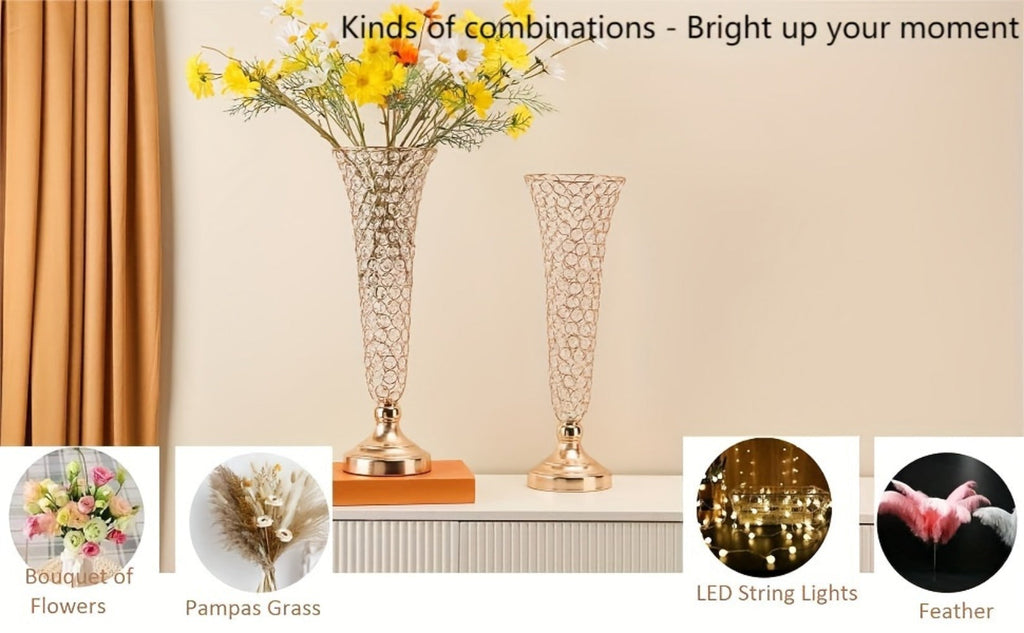 Crystal Trumpet Flower Vase Centerpieces for Wedding Table ¨C Bling Wrought Crystal Vases for Party, Anniversary, Birthday, Banquet & Home Decor, Gold & Silver, 2pcs or 10pcs Set