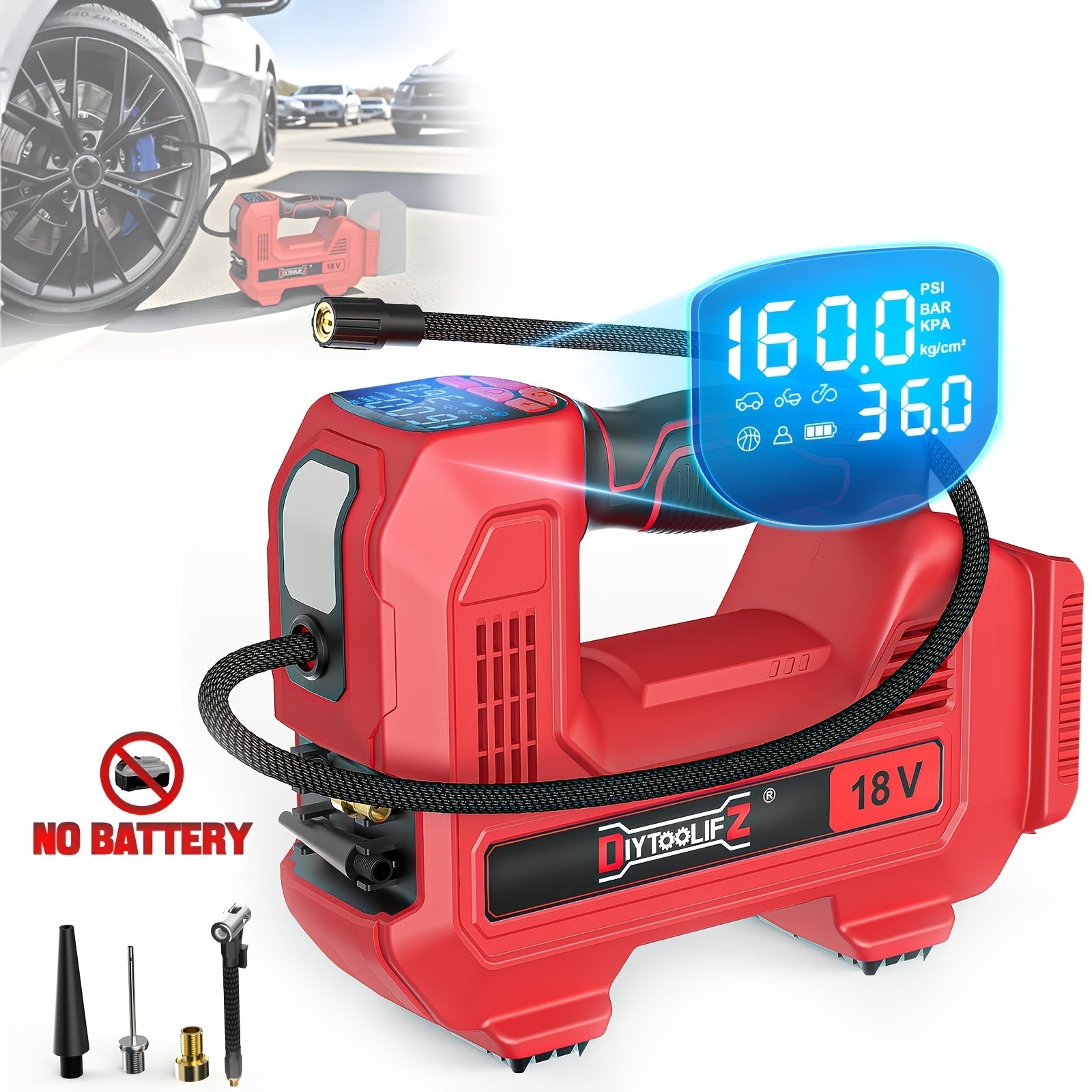 Cordless Tire Inflator 160PSI Portable Air Compressor Compatible with DeWalt 20V / 18V Battery ¨C Digital Pressure Gauge, Fast Inflation for Cars, Motorcycles, Bicycles & Sports Balls (Battery Not Included)