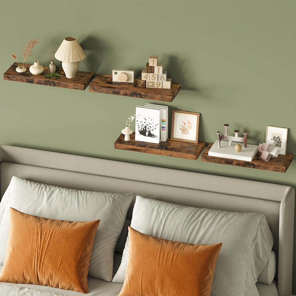 Floating Wall Shelves Set of 4, Retro Style Wall Mounted Shelves with Invisible Brackets for Bathroom Living Room Bedroom Kitchen, Brown Black White Gray Home Decor Display