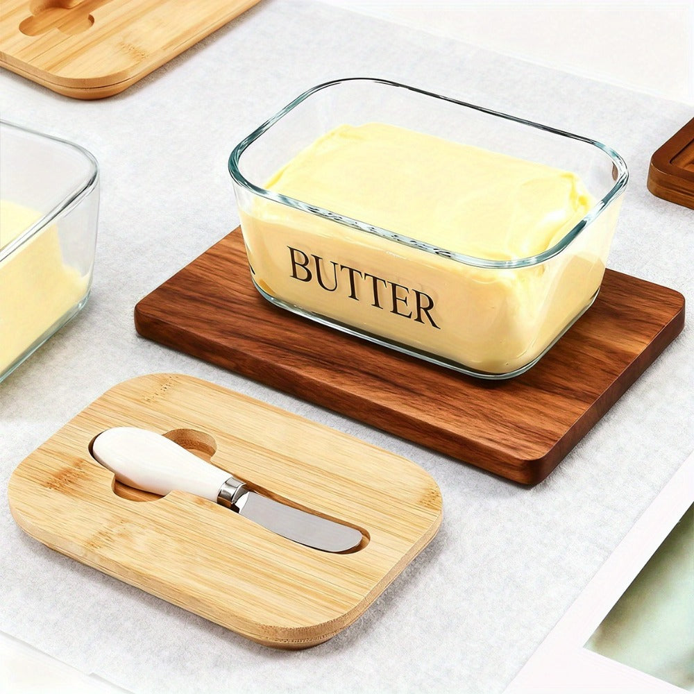 Glass Butter Dish with Lid and Knife ¨C 1lb Large Airtight Butter Keeper Clear Glass Countertop Butter Container for Refrigerator Door Shelf Kitchen Decor & Gift
