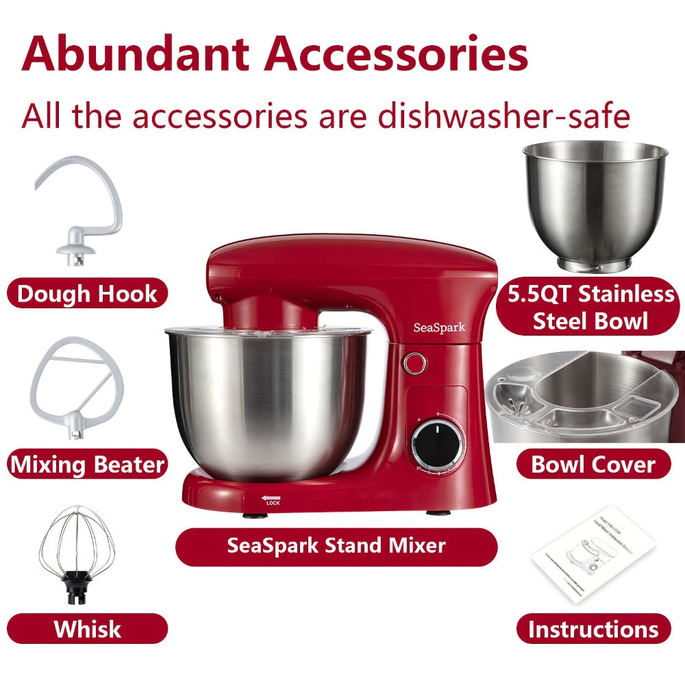 3-in-1 Stand Mixer 10-Speed Tilt-Head with Pulse - 5.5QT Stainless Steel Bowl Kitchen Mixer with Dough Hook, Flat Beater & Egg Whisk, Spatula Included, 5L Capacity, Red, Black, Silver