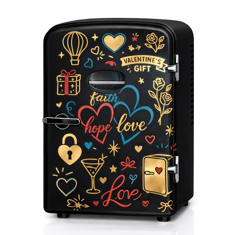Aesthetic Mini Fridge 4 Liter with Stickers - Portable Cooler and Warmer for 6 Cans, AC/DC Compact Refrigerator for Bedroom, Office, Dorm & Car, Cute Mini Fridge Gift for Friends, Black Pink Red