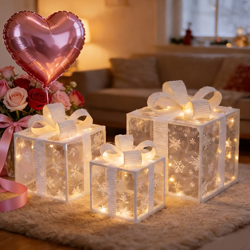 Christmas Gift Box Lamp 3pcs - Transparent Light Box with LED String Lights, Strap & Handle, Holiday Home Decoration, Birthday Party Decor, Manual Assembly
