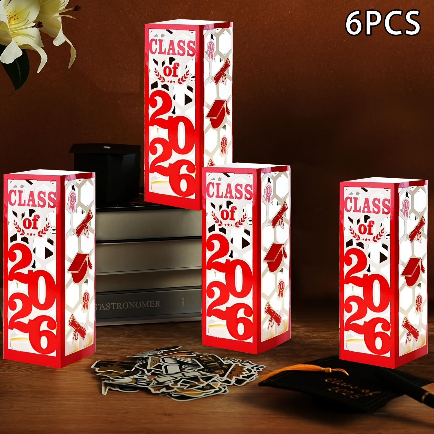 Graduation Centerpiece Set 6pcs Class of 2026 ¨C Decorative Lantern Box Table Decorations for High School & College Graduation Party, Photo Booth Props, Party Kit in Red Blue Green Purple Maroon