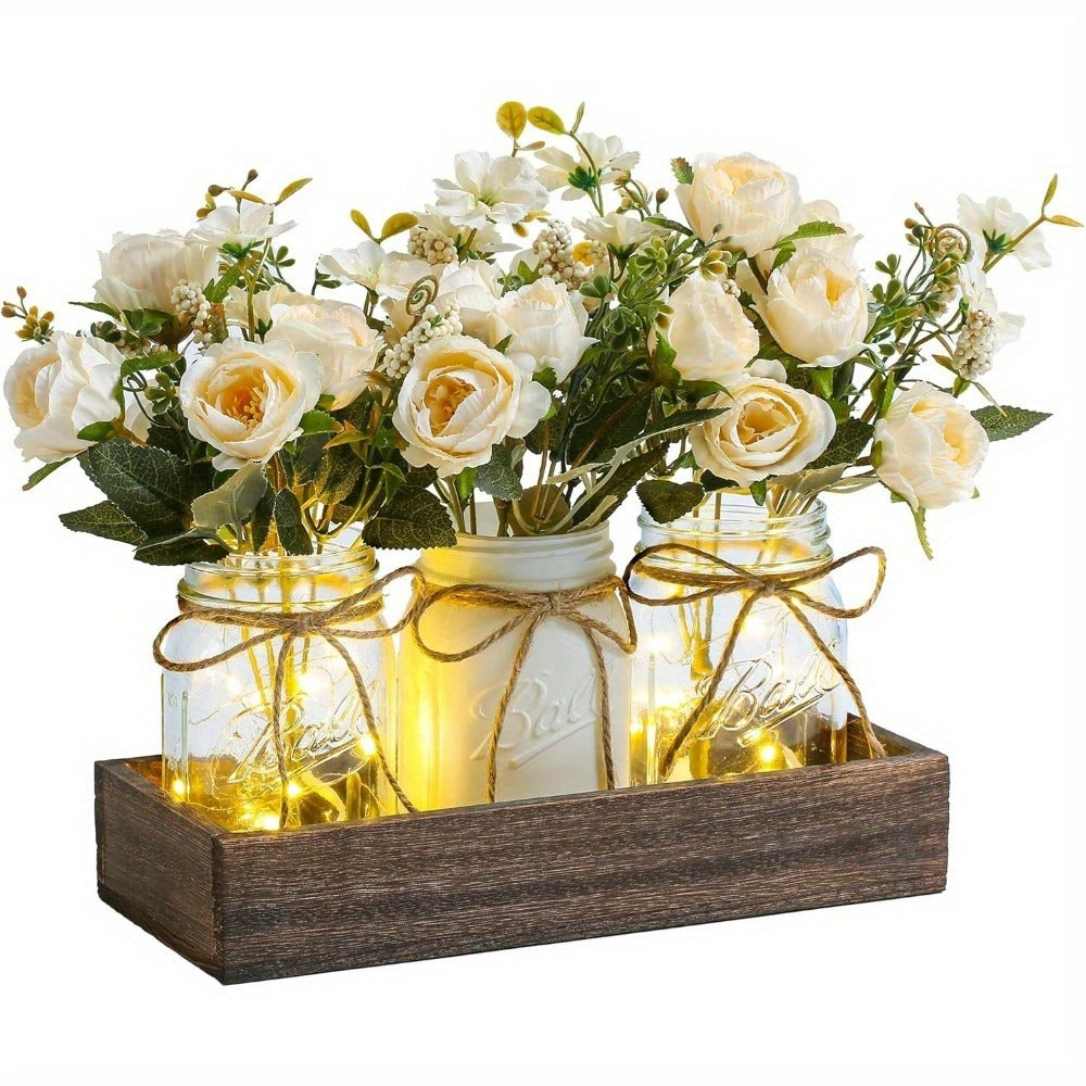 Mason Jar Centerpiece Table Decorations with Wood Tray & LED Lights ¨C 3-Piece Farmhouse Decor Set for Dining Room, Kitchen, Living Room & Bathroom | Holiday Home Decor Gift