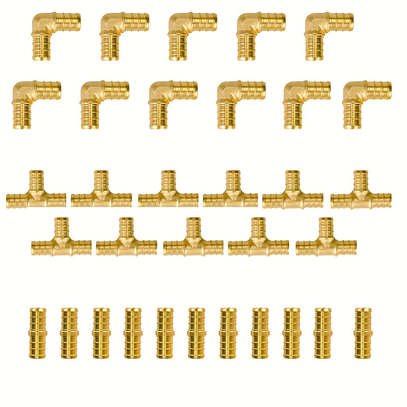 PEX Fittings Set 33pcs 1/2 Inch - Lead-Free Brass Crimp PEX B Fittings, 11 Each Elbow Tee Coupling, ASTM F1807 NSF/ANSI 61 Certified, Corrosion Resistant for Hot Cold Water Plumbing