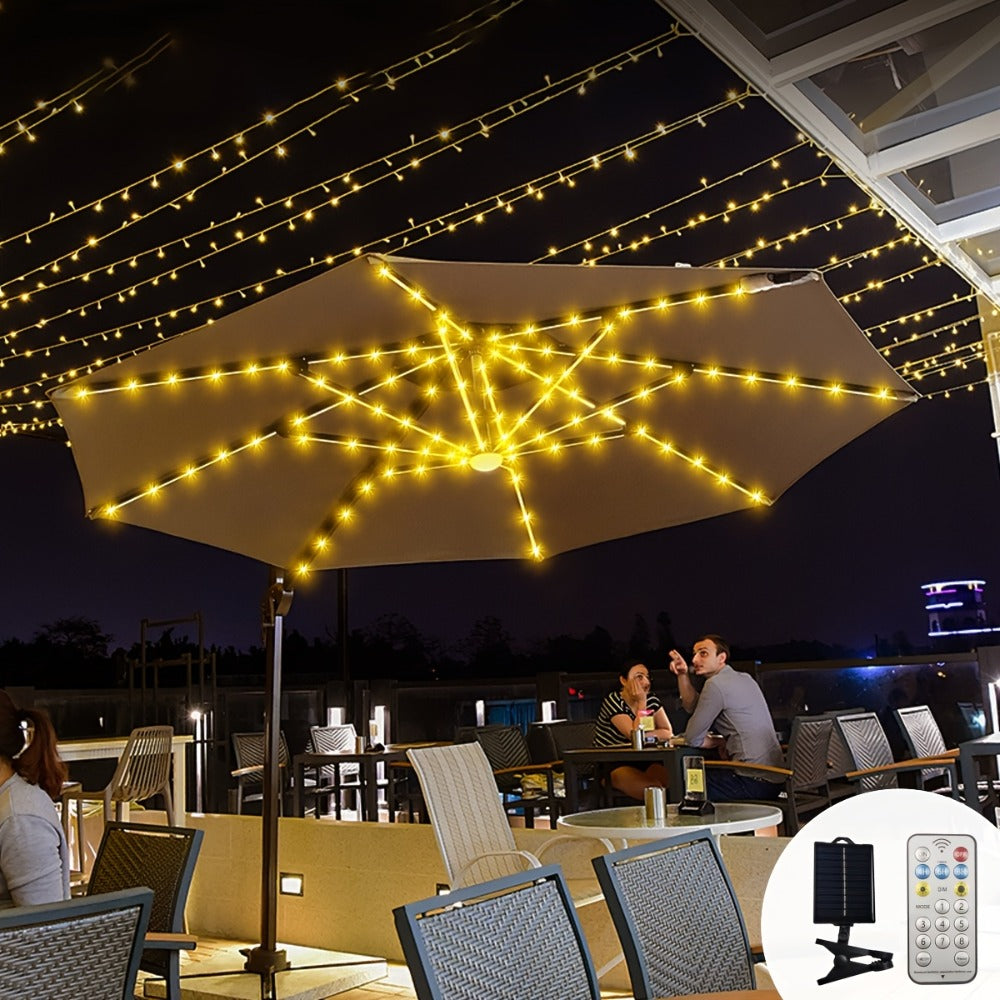 Solar Patio Umbrella Light 104 LED ¨C 8 Modes Remote Control Outdoor Market Umbrella Lamp | Solar Powered Warm White Light for Backyard, Deck, Poolside, Beach, Garden & Camping | Battery Included