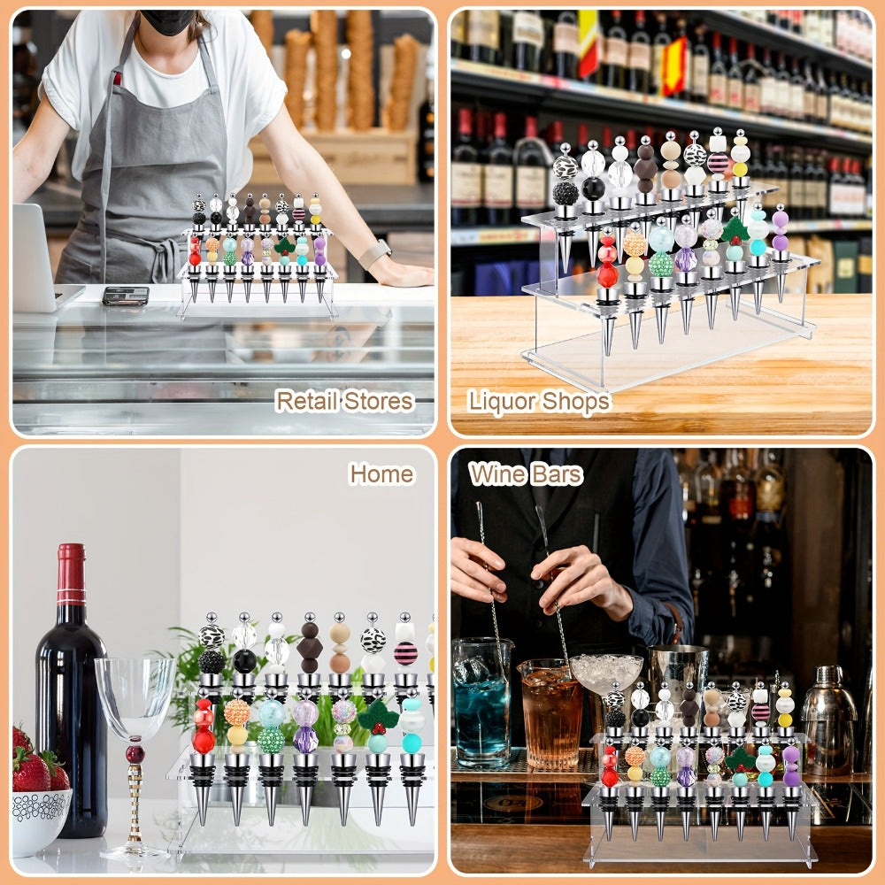 Beadable Wine Bottle Stoppers Set of 20 with 16-Slot Clear Acrylic 2-Tier Display Stand Rack - DIY Customizable Wine Stoppers Holder for Countertop, Wine Bar Decor, Gifts for Wine Lovers