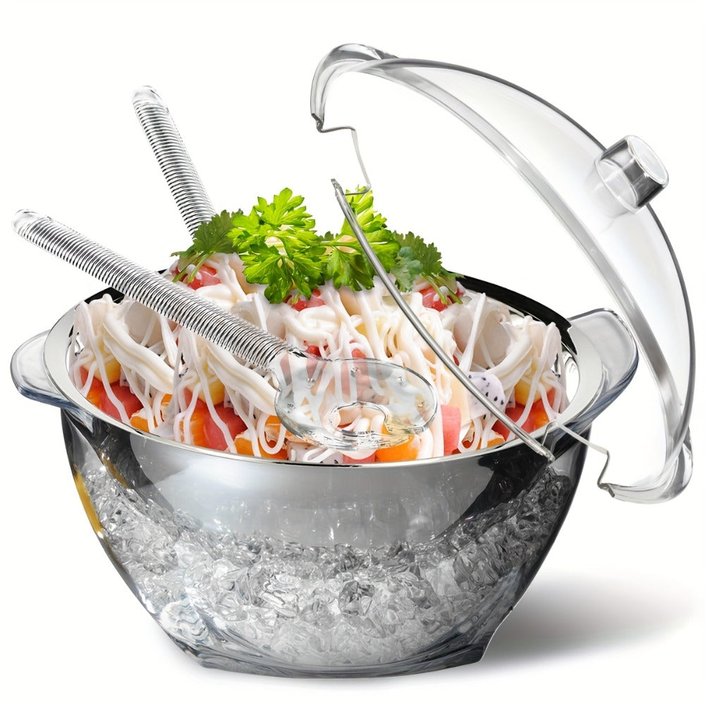 Stainless Steel Ice Chiller Salad Bowl with Lid and Serving Spoons ¨C Large Refrigerated Veggie Fruit Tray with Ice Chiller Base for Party Entertaining Buffet Outdoor Picnic Food Display