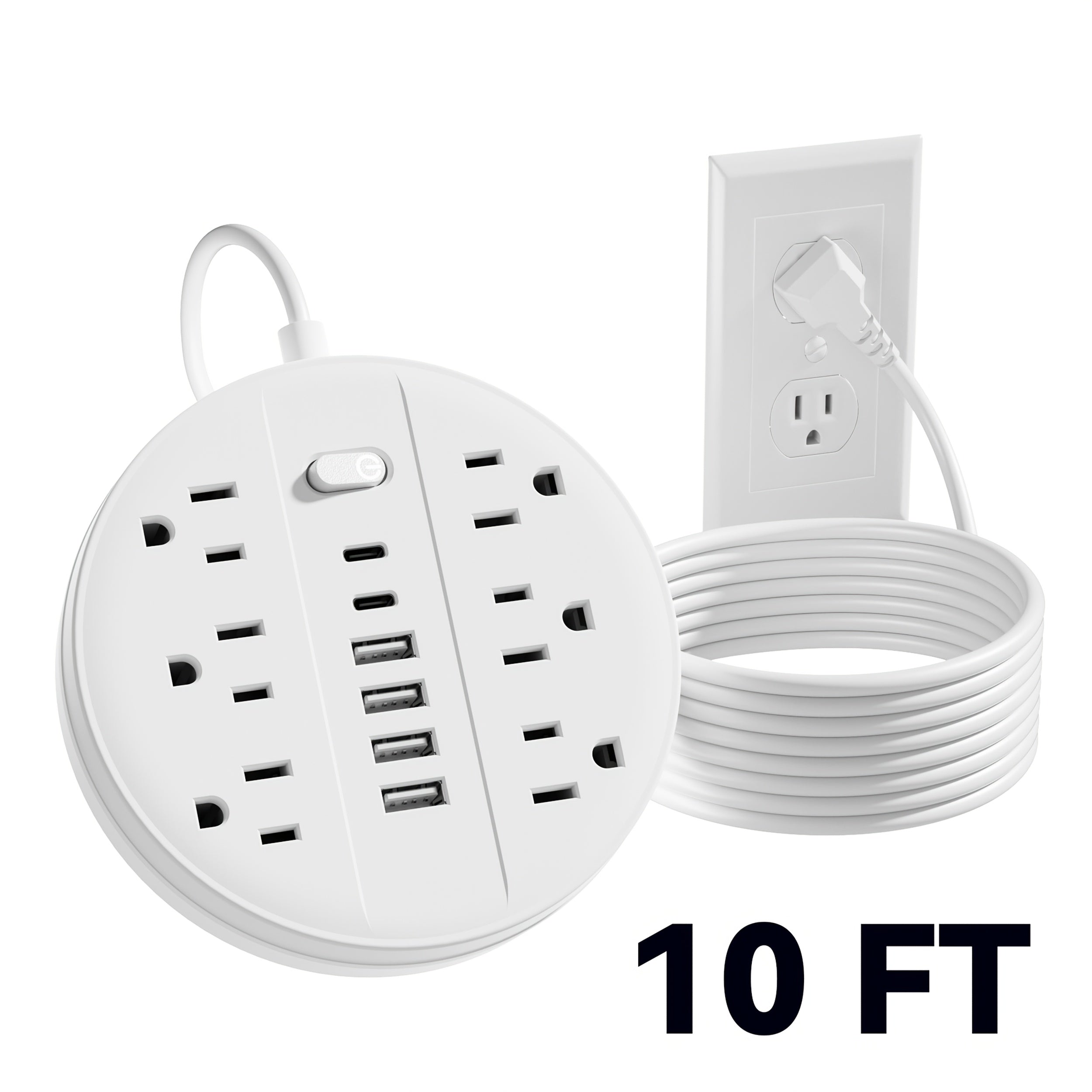 Surge Protector Power Strip 12-in-1 with 6 AC Outlets 4 USB-A 2 USB-C Flat Plug Wall Mount Overload Protection Desk Charging Station for Home Office Travel