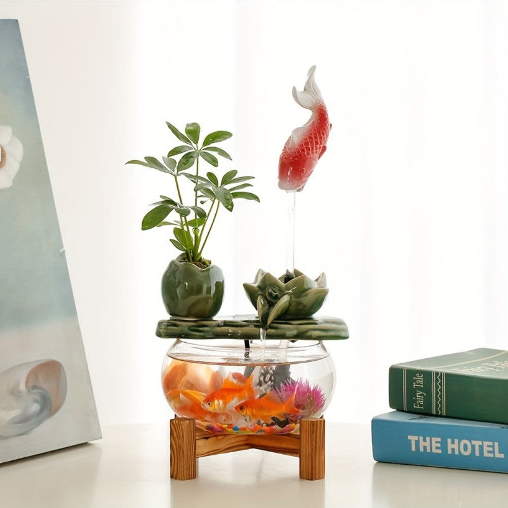 USB Desktop Fish Waterfall Fountain with Glass Bowl ¨C Relaxing Indoor Water Feature Tabletop Decor Zen Fountain Gift