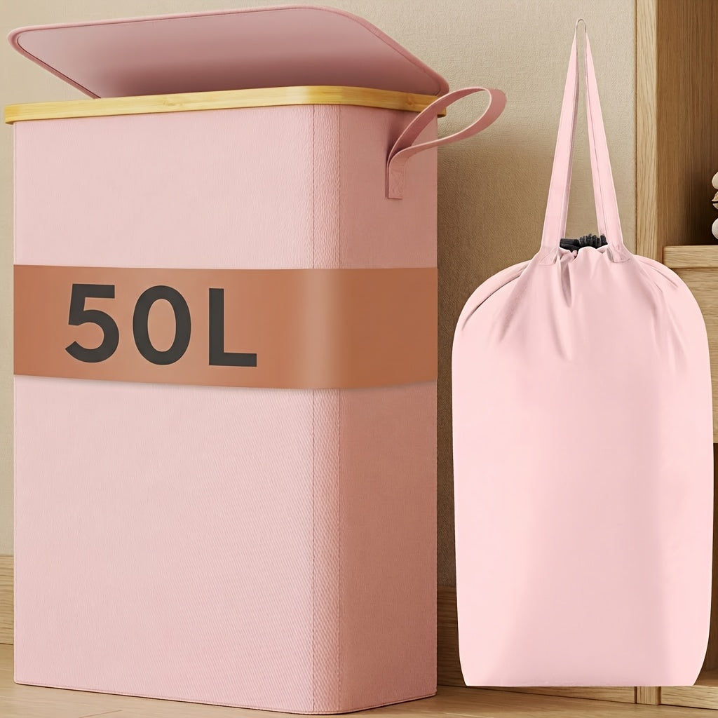 Slim Laundry Hamper with Lid & Removable Bag ¨C Foldable Narrow Clothes Basket with Bamboo Handles for Bathroom, Bedroom & Dorm ¨C 50L / 65L / 75L Space-Saving Collapsible Laundry Bin