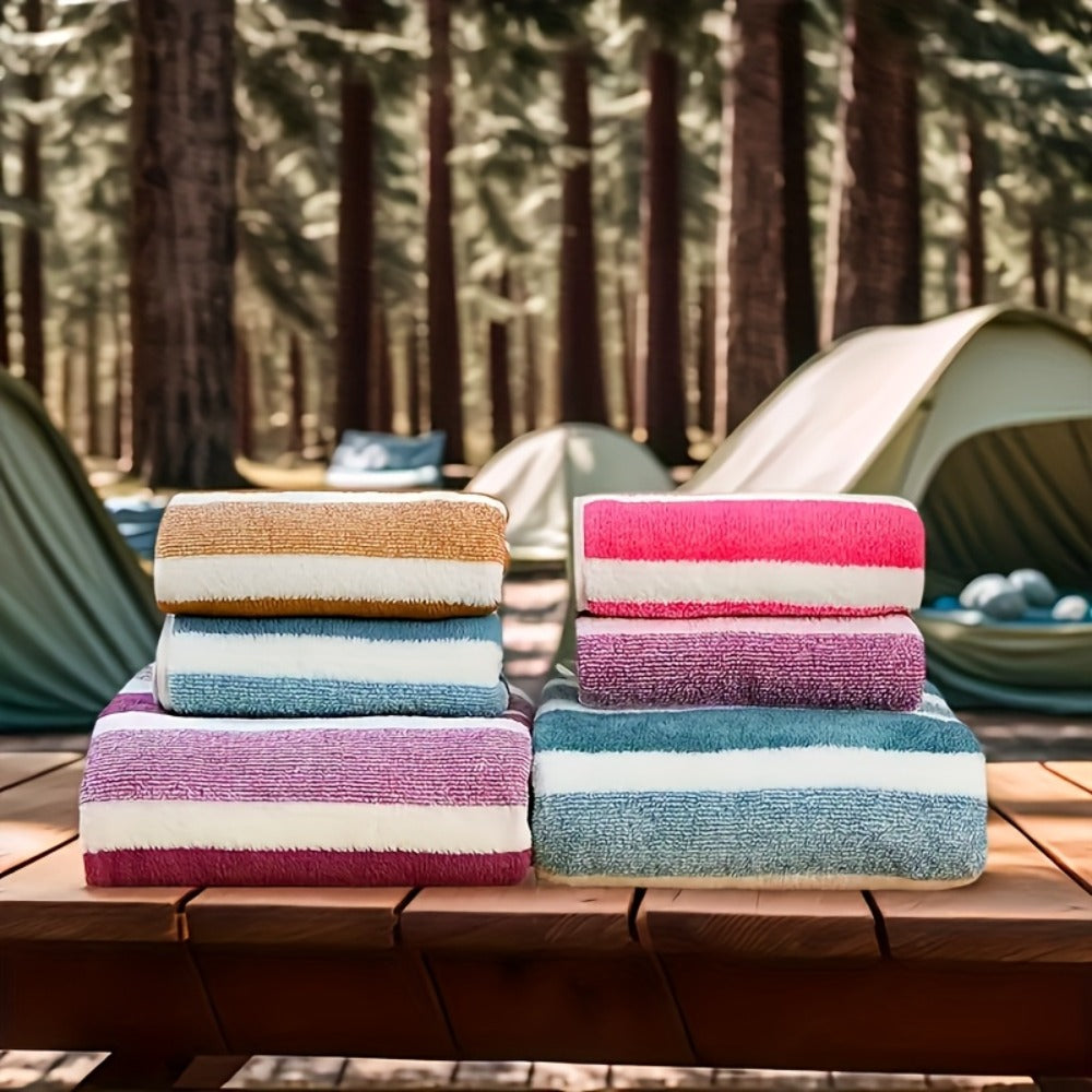Coral Fleece Towel Set 9 or 15 Piece No Hair Loss 320GSM - Super Soft Absorbent Two-Color Striped | 2 Bath 2 Face 5 Hand Towels | Gray Brown Red Green Blue Mixed | Bathroom Beach Essentials