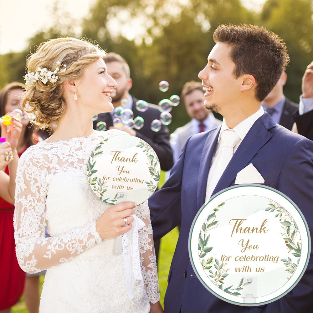 Wedding Hand Fans 100pcs Bulk Plastic Handheld Fans with Handle Greenery Leaf Design Cooling Fans for Ceremony Bridal Shower Party Guests Outdoor Hot Weather Events
