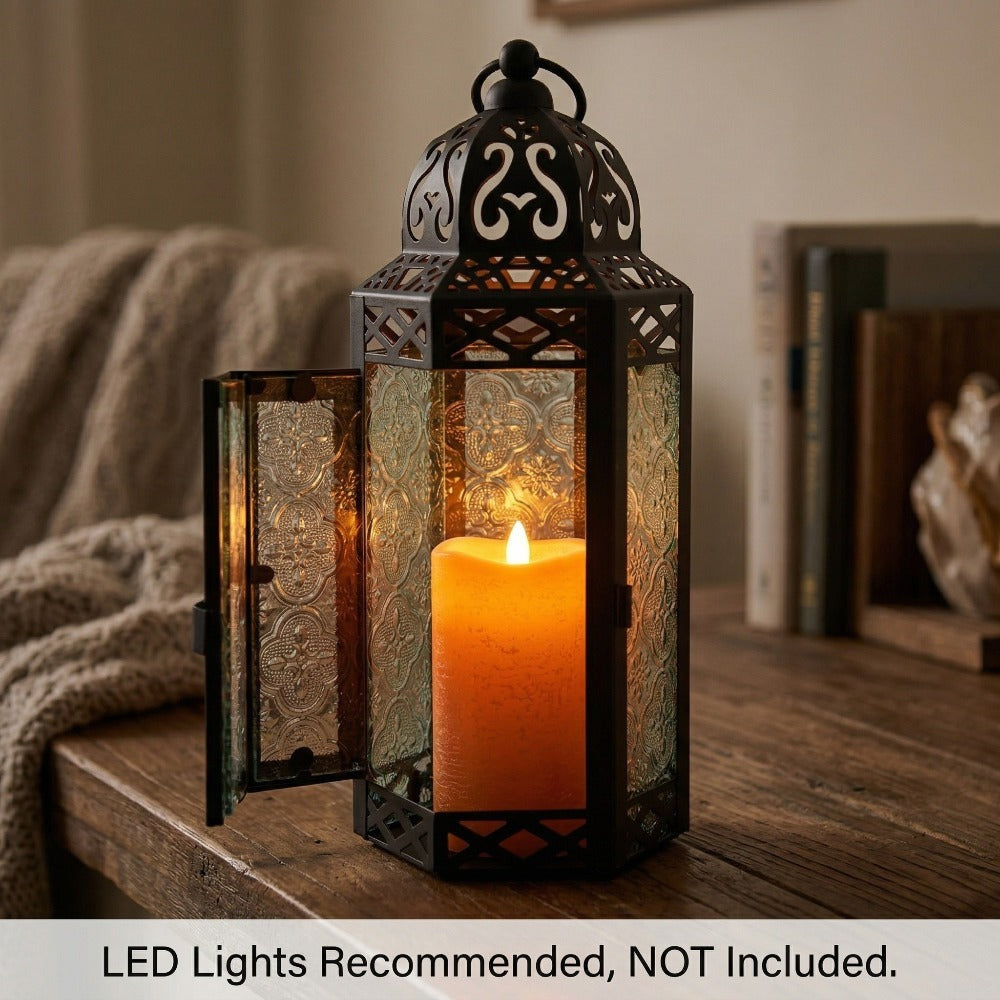 Moroccan Candle Lantern Holder - Decorative Metal & Glass Lantern with Embossed Floral Design for Indoor Home Decor, Garden, Patio, Weddings, Ramadan, Halloween & Holiday Celebrations - 10.5¡± Tall Medium Size