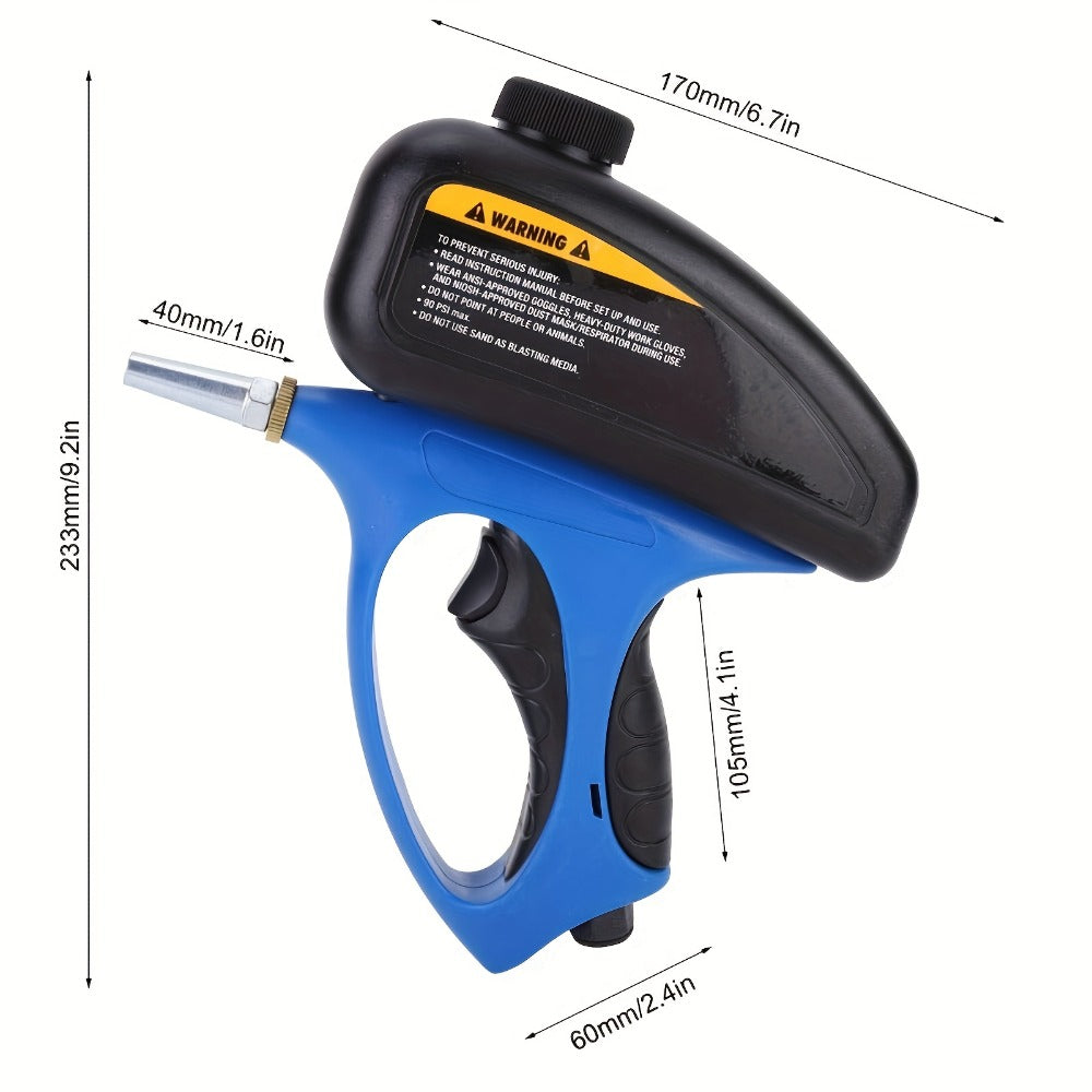 Sandblaster Gun for Air Compressor Pneumatic Abrasive Blasting ¨C 90 PSI Max, 500ml Tank, Small Nozzle, for Metal Rust Removal, Glass Etching, Polishing & Auto Repair ¨C Blue, Red & Yellow