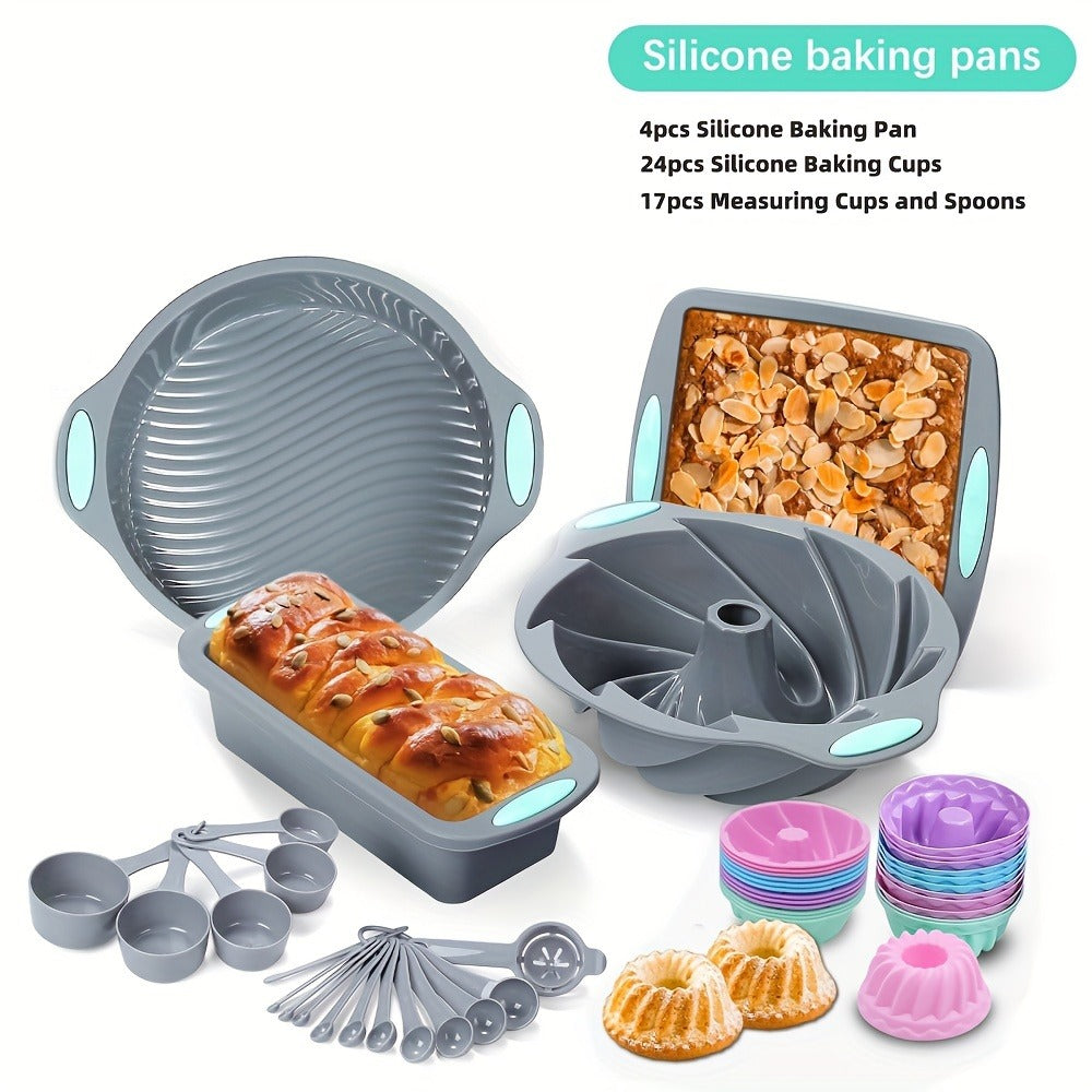 Silicone Bakeware Set with Cake Molds, Muffin Pan, Donut Pan, Baking Sheet, Baking Cups & Measuring Cups Spoons, Complete Nonstick Silicone Baking Set for Oven, 45-Piece 53-Piece or 83-Piece Options