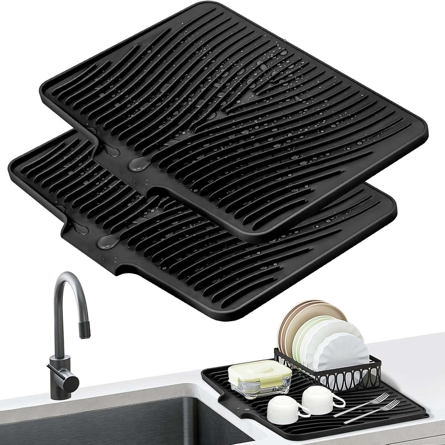 Silicone Dish Drying Mat Large 34.5x19in Slope Drain Design Kitchen Counter Drying Pad for Dishes Utensils & Countertop ¨C Heat Resistant Non-Slip Draining Mat