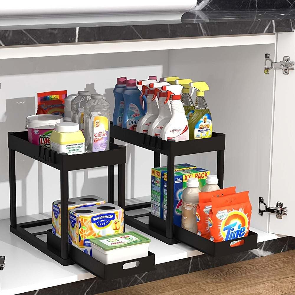 Under Sink Organizer Set of 2 ¨C Dual Tier Sliding Basket Drawers with 8 Hooks Kitchen Bathroom Cabinet Storage