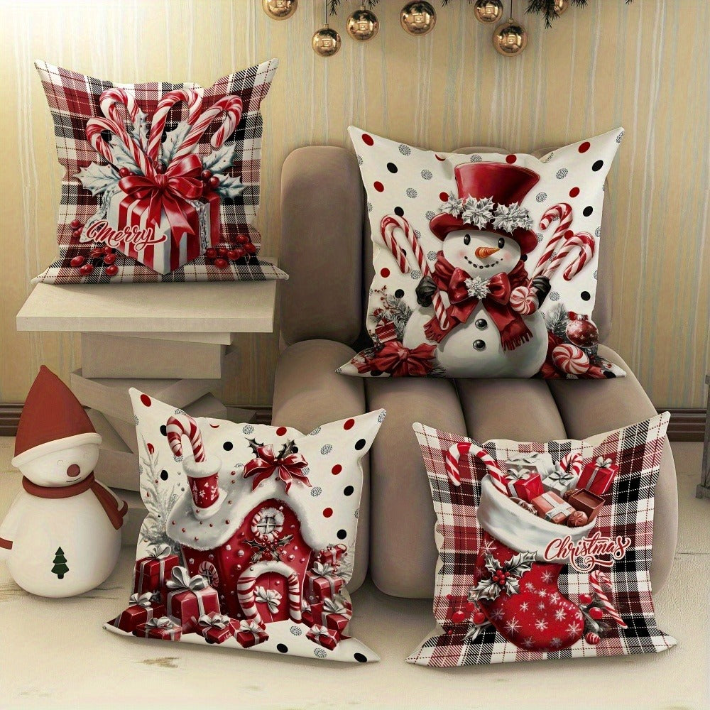 Christmas Throw Pillow Covers 4pcs Set - Snowman Candy Cane Buffalo Plaid Polyester 18x18in Decorative Cushion Covers with Zipper for Holiday Winter Living Room Bedroom Sofa Bed Decor