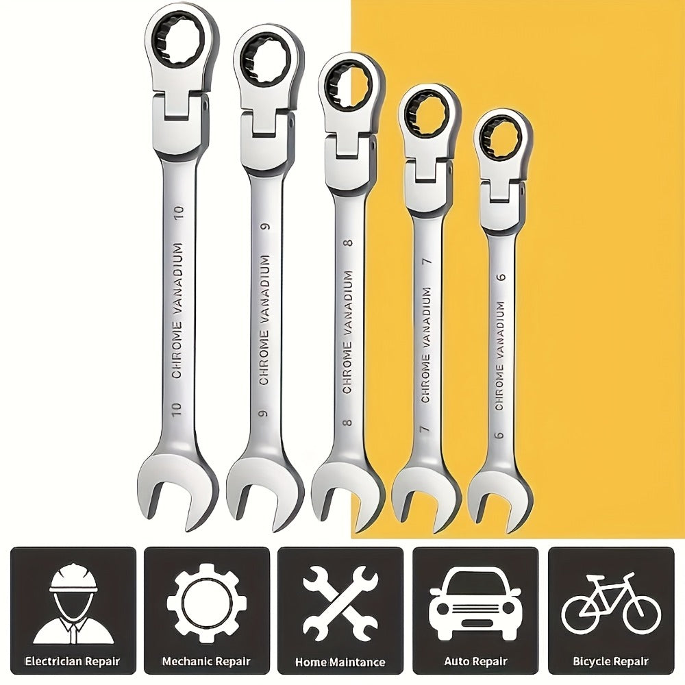 Ratchet Wrench Set 5pcs Flexible Head 6-10mm Metric Chrome Vanadium Steel 72-Tooth Combination Wrench Open Closed End for Automotive Bicycle Home Repair Mechanic Hand Tool Kit Silver