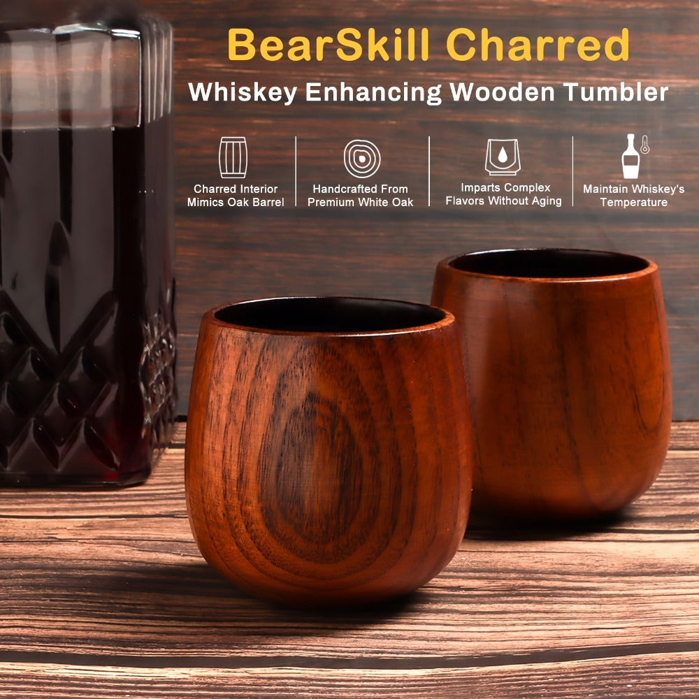 Charred Wooden Bourbon Whiskey Glass Set ¨C 2 Jujube Wood Old Fashioned Tumbler Glasses & 8 Granite Whiskey Stones ¨C Handcrafted Whiskey Gift for Men Dad
