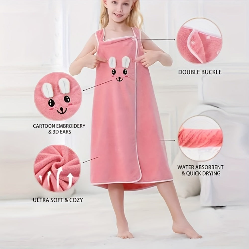 Bunny Ears Bath Towel Wrap for Girls - 250GSM Microfiber Cartoon Bath Skirt, Cute Kawaii Robe for Ages 6-12, Rose Red Purple Pink Blue, Fun Birthday Gift