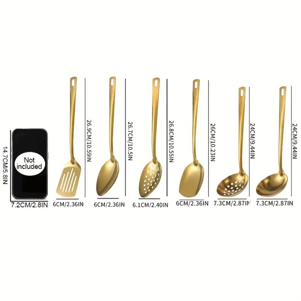 6 Piece Korean Style Stainless Steel Kitchen Utensil Set Cooking Spoons Spatula Ladle Strainer Hot Pot Clips for Cooking Buffet Restaurant