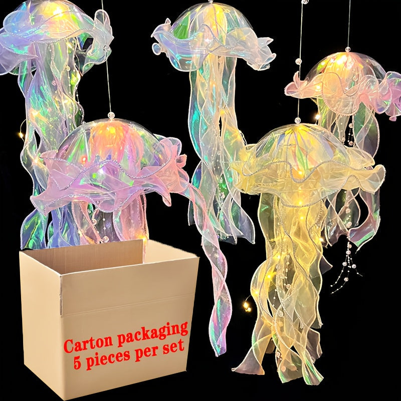Jellyfish Lantern Party Decorations 5 Pack ¨C Colorful Translucent Ribbon Hanging Lights for Halloween Christmas Wedding Birthday, Indoor Outdoor Festive Event Decor (Crystal Ribbon / Set)
