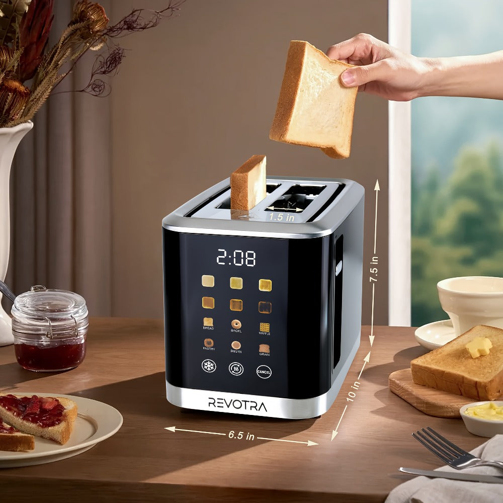 Stainless Steel Toaster 2 Slice with LED Display & Extra Wide Slots ¨C 6 Shade Settings, Defrost Reheat Cancel Functions, Removable Crumb Tray, Compact Design for Bagels, Waffles & Bread