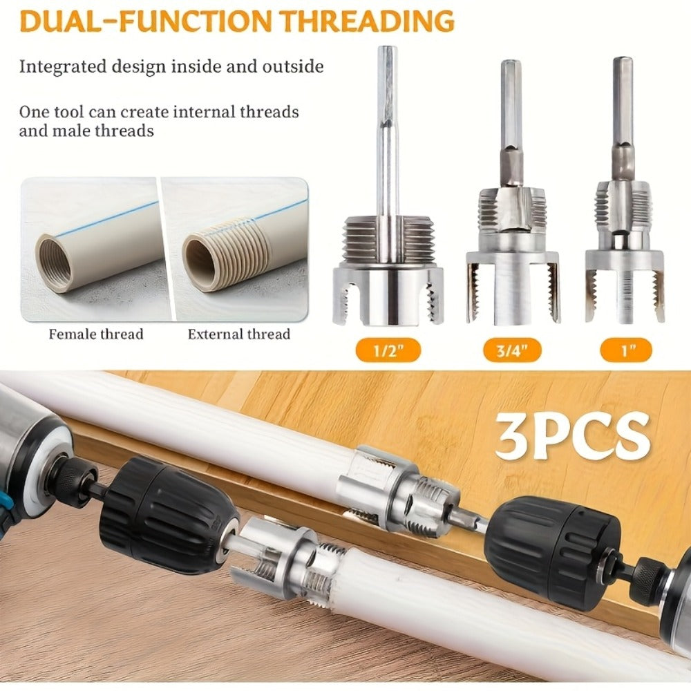 Pipe Threading Tool Set 3 Piece Heavy Duty Alloy 1/2 3/4 1 Inch Internal External Thread Tap Drill Compatible for PVC PPR MPP Pipe Installation