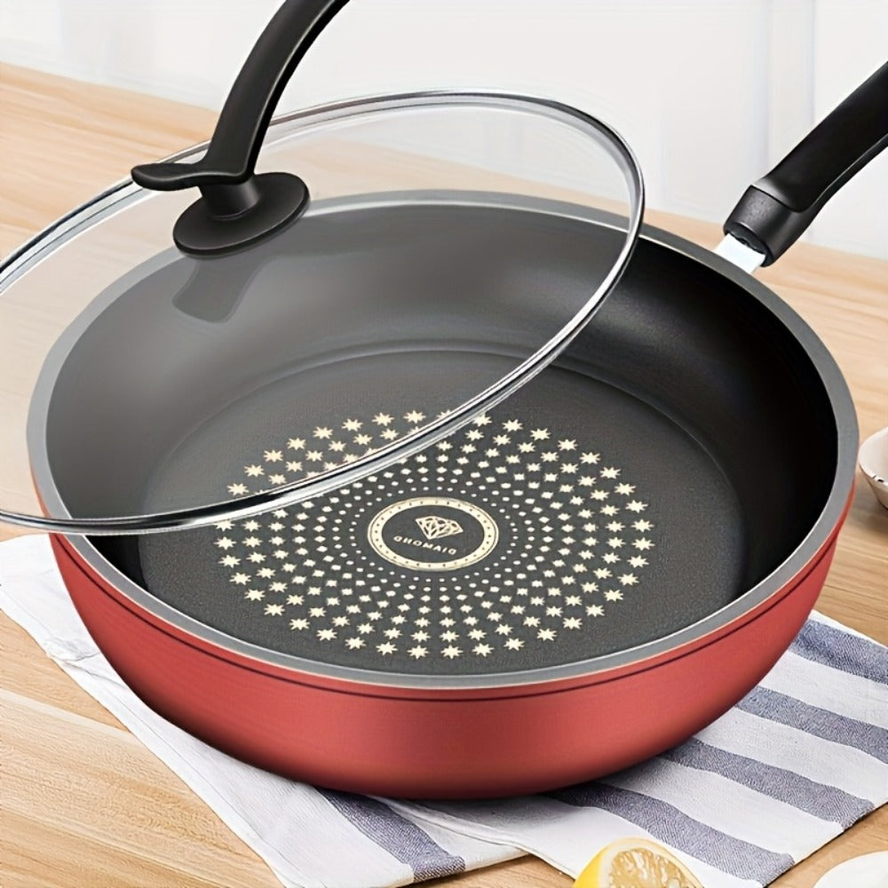 Cast Iron Frying Pan Non-Stick with Lid 9.45 Inch - Powder Coated Skillet Compatible with Induction Gas Electric Stove, Smoke-Reducing Healthy Cookware for Fried Eggs Steak Pancakes, Red Cast Iron Pan