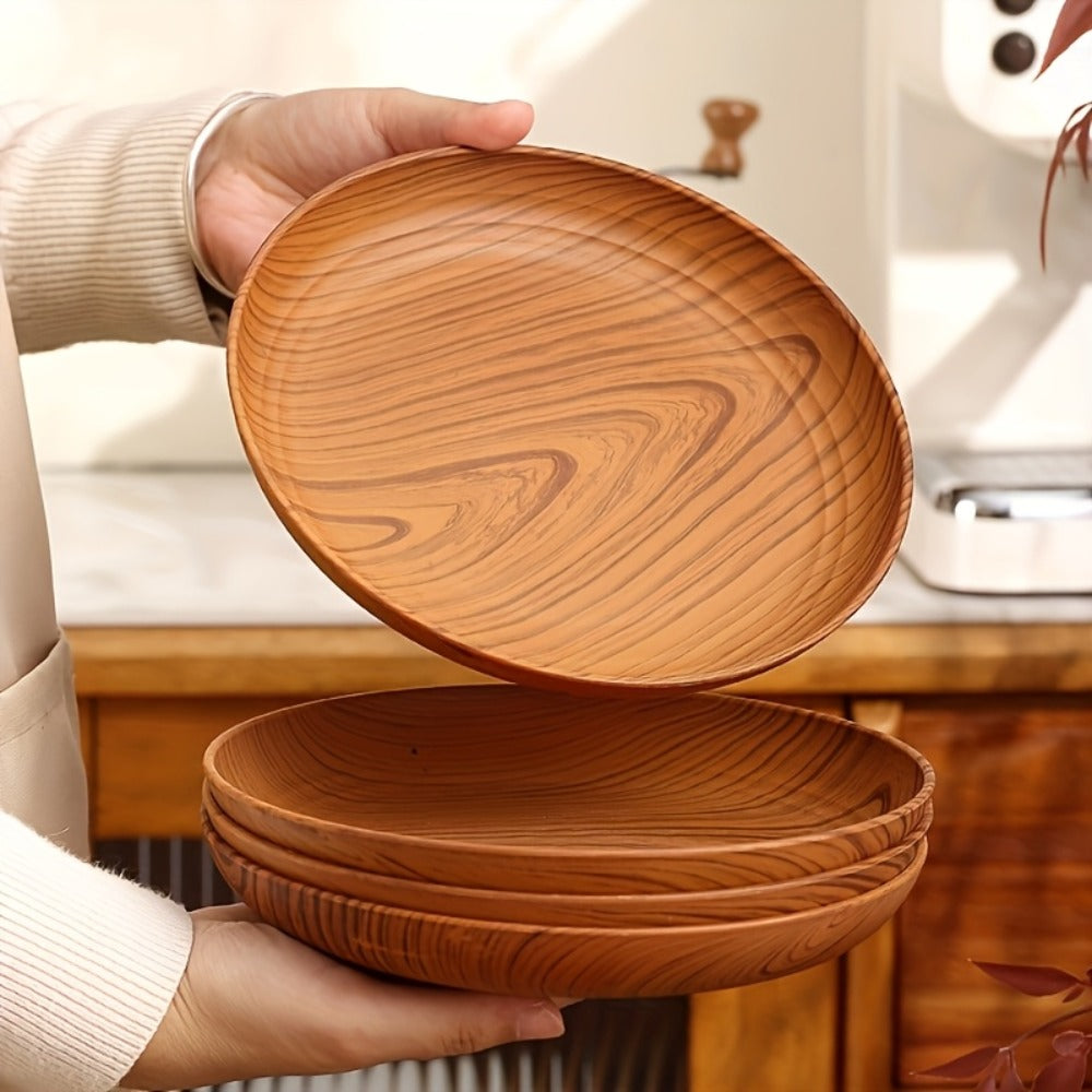Wood Grain Plastic Dinner Plates Set of 10 - 7.8 Inch Salad Serving Plates for Kitchen Dining Table