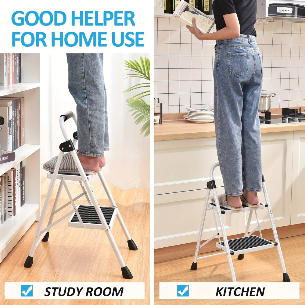2 Step Ladder Foldable Heavy Duty Steel, Non-Slip Wide Pedal Step Stool with Safety Handle, Lightweight Portable Folding Step Ladder for Home Kitchen Bathroom Garage, 250lb Capacity, White & Red