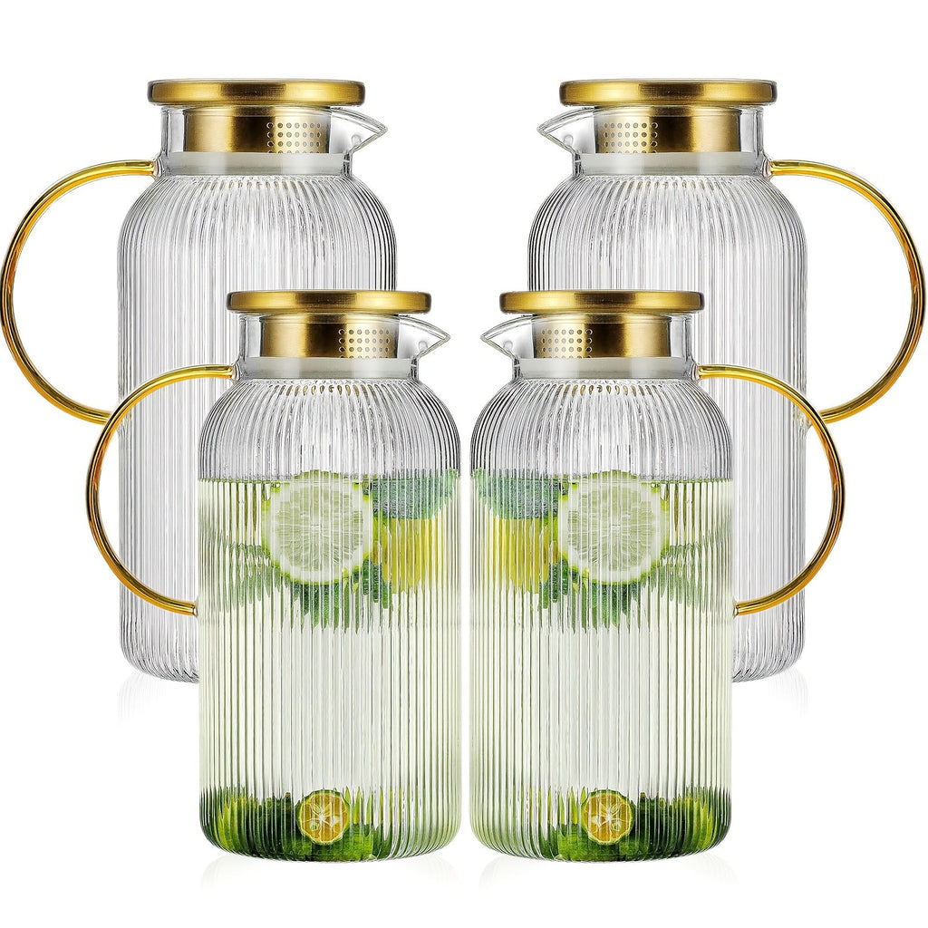 Glass Pitcher with Stainless Steel Lid 68oz 2 Liter Borosilicate Water Pitcher Carafe for Cold Brew, Lemonade, Iced Tea & Milk ¨C Heat Resistant, 2 or 4 Pack