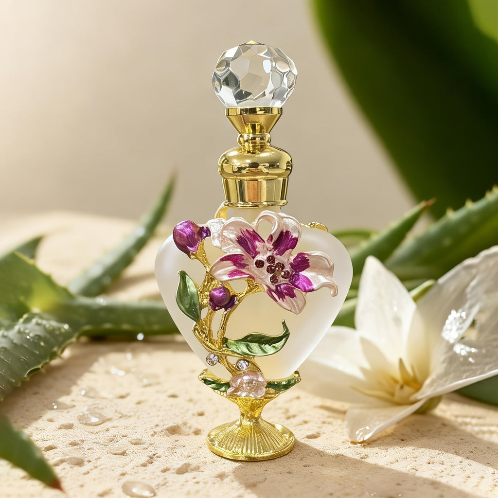 Refillable Perfume Bottle 10ml Vintage Glass Travel Atomizer Essential Oil Dispenser Portable Mini Spray Bottle Enamel Peach Heart Design Gift for Women