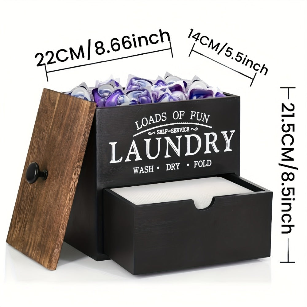 Dryer Sheet Holder with Drawer & Lid | Farmhouse Wood Laundry Pod Dispenser | Wall Mount or Countertop Organizer for Laundry Room Storage, Black & White