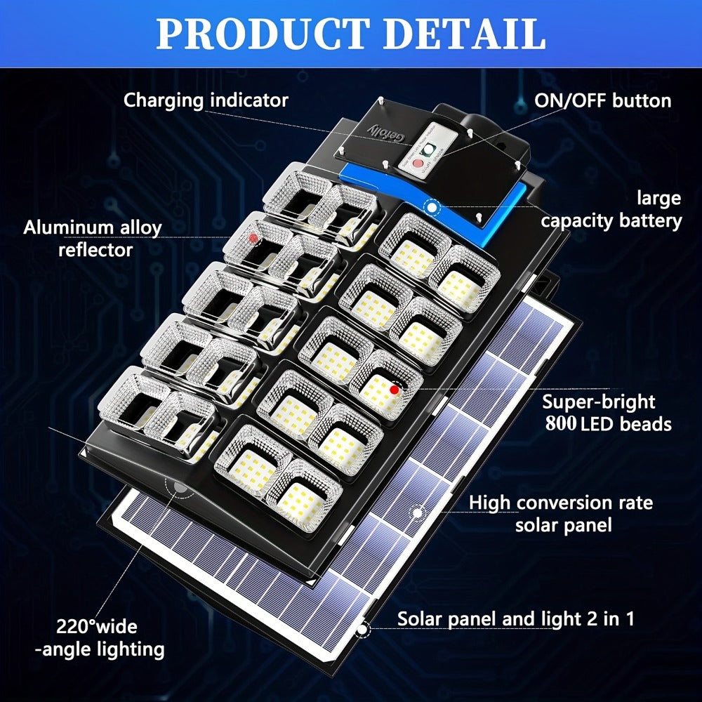 Solar Street Lights Outdoor 800 LED IP54 Waterproof with Motion Sensor ¨C 6500K Dusk to Dawn Flood Light, Remote Control, Adjustable Brightness & Timer for Parking Lot Yard Garage Driveway Rural Area