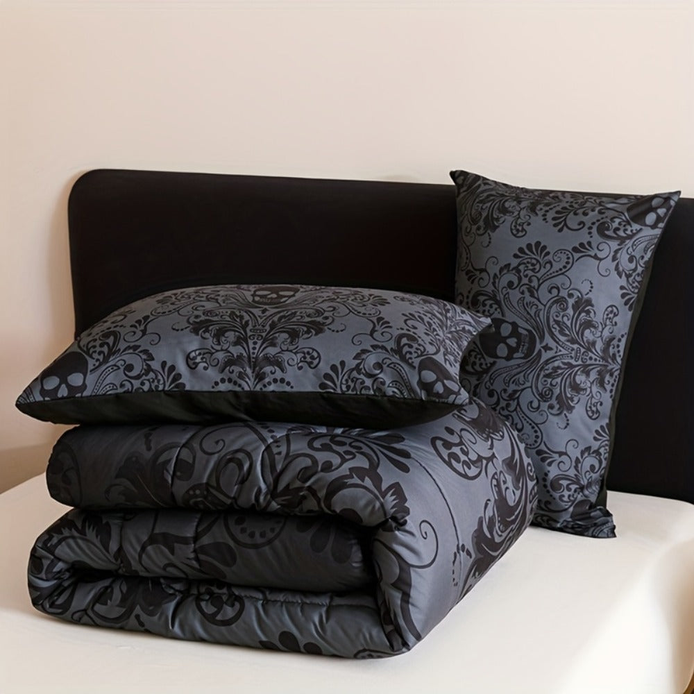 Skull Quilt Set 3pcs Gothic Victorian Comforter with 2 Pillowcases | Black Gray Digital Print Bedding Twin Full Queen King
