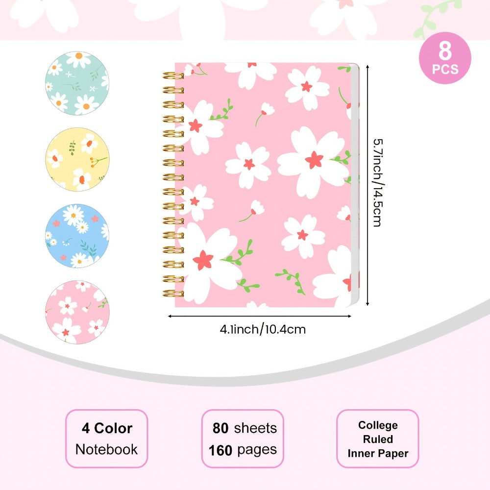 A6 Spiral Notebooks 8 Pack - Floral Design College Ruled Journals with Tear-Off Pages | Portable Memo Pads for Students & Office | Gift Set