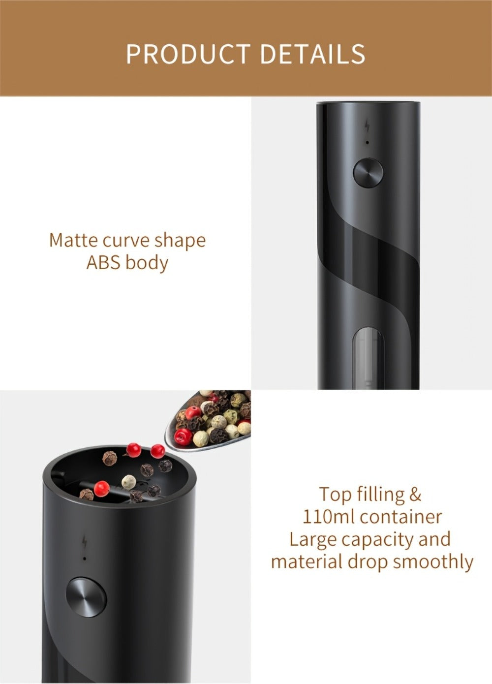 Electric Salt and Pepper Grinder Set ¨C Rechargeable Automatic Mills with LED Light, Adjustable Coarseness & 3.72oz Capacity for Home Kitchen, BBQ, Restaurant & Outdoor Entertaining