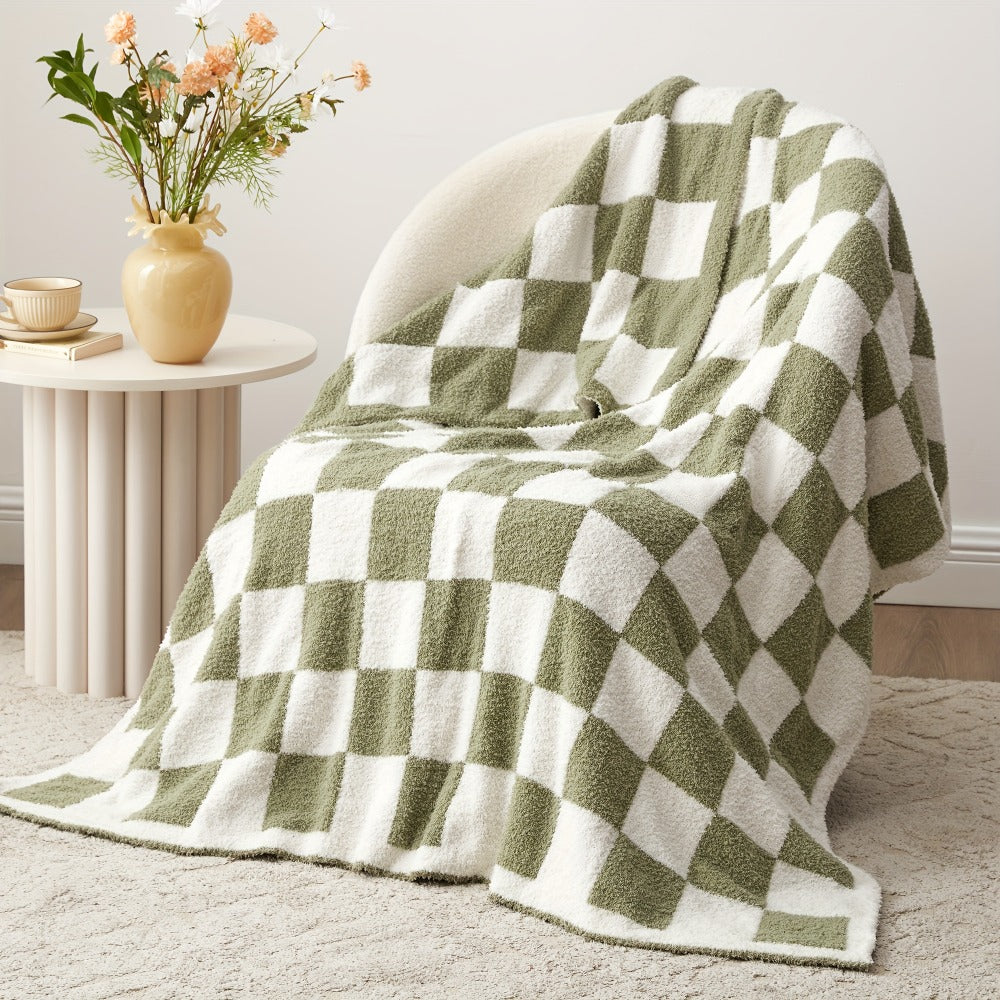 Jacquard Knit Checkered Blanket ¨C Soft Cozy Fluffy Plaid Throw for Couch, Bed & Sofa, All Seasons, 4 Colors, Throw to King Size
