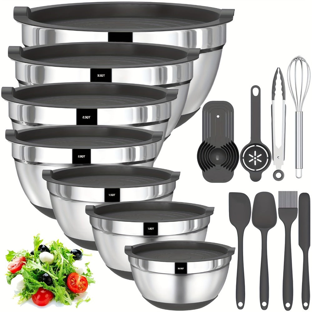 Stainless Steel Mixing Bowls with Airtight Lids 20-Piece Set ¨C Non-Slip Silicone Bottom, Nesting Bowls in 7 Sizes (0.67¨C7 QT) for Mixing, Baking & Serving ¨C Kitchen Bowl Set with Lids