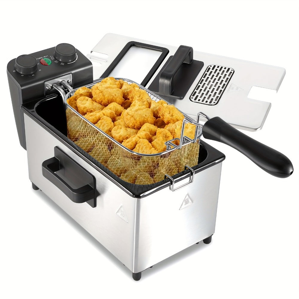 Electric Deep Fryer 1700W, Large Deep Fryer with Adjustable Time & Temperature Control, Stainless Steel Frying Basket, Lid with View Window, 101.44oz / 1.32gal Capacity, Home Kitchen Countertop Fryer