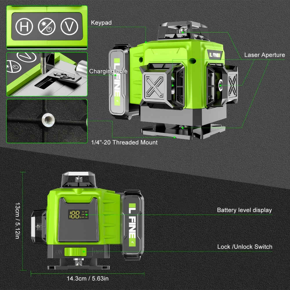 Laser Level 16 Line 4D Green Self-Leveling with Tripod 360 Degree Rotary Cross Line High Precision Auto Leveling Tool Rechargeable Lithium Battery Vertical Horizontal for Tiling Hanging Pictures Construction