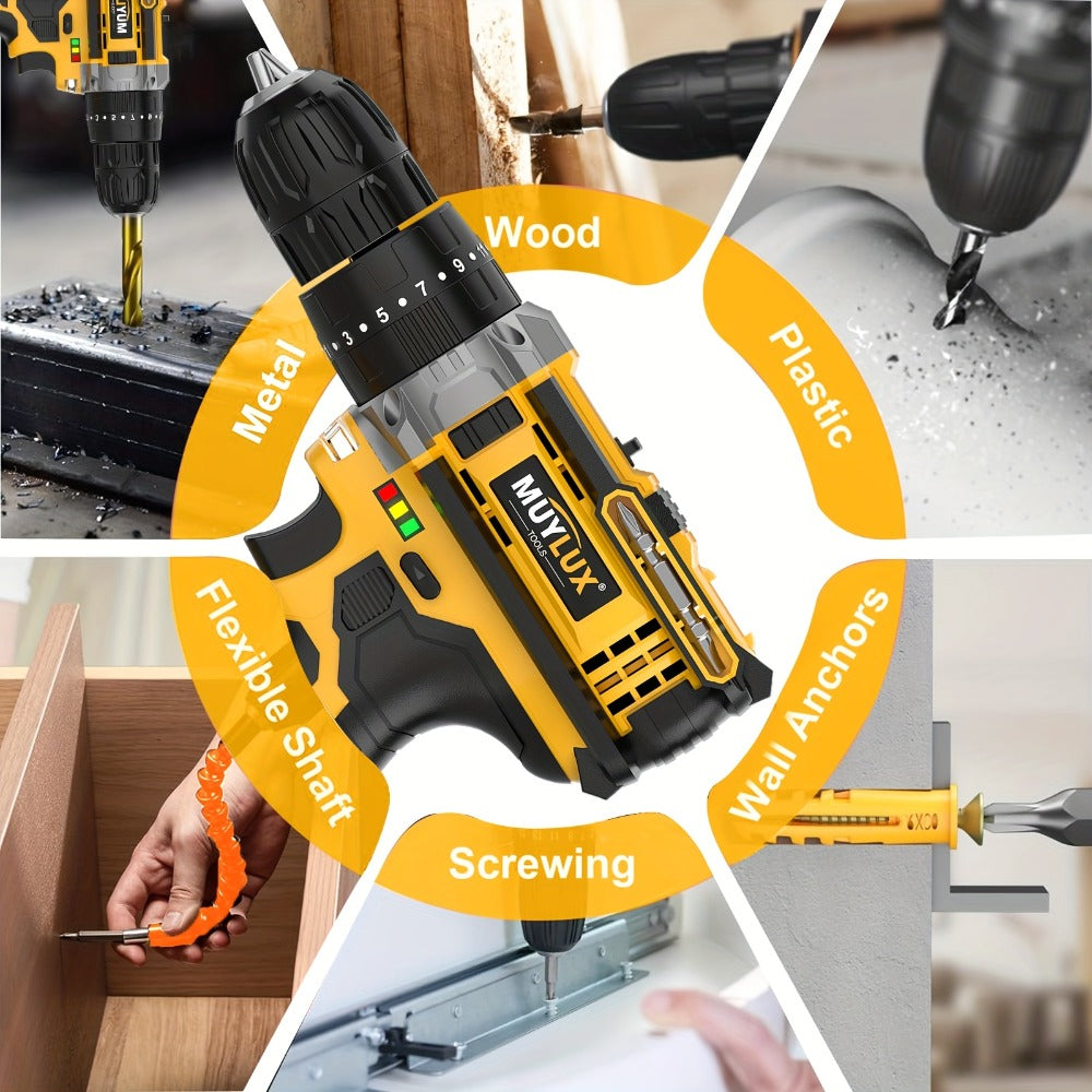 20V Cordless Drill Set Impact Power Drill 3/8 Inch Keyless Chuck 18+3 Clutch 45Nm Max Torque 2-Speed Work Light 2.0Ah Battery Fast Charger 136 148 PCS Kit
