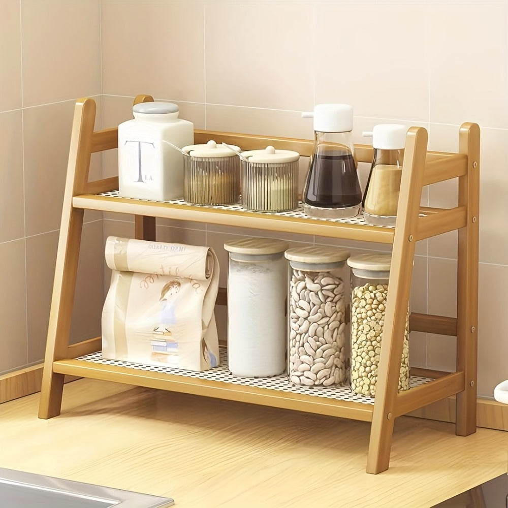 Bamboo Countertop Shelf Organizer 2-Tier - Trapezoidal Wooden Storage Rack for Kitchen Office Bedroom and Desk, Space Saving Riser Shelf for Coffee Cups Books Plants and Everyday Items, Available in Medium, Large or 2 Piece Set