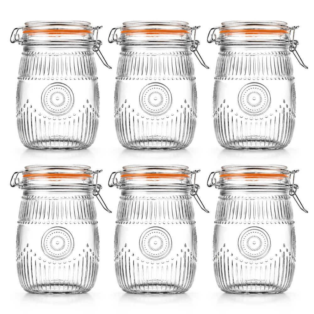 Mason Jars 6 Pack 32oz Wide Mouth Airtight Glass Canister Set with Hinged Lids Vintage Sunflower Pattern Kitchen Storage Jars for Coffee Sugar Beans Spices Dry Goods Pantry Organization